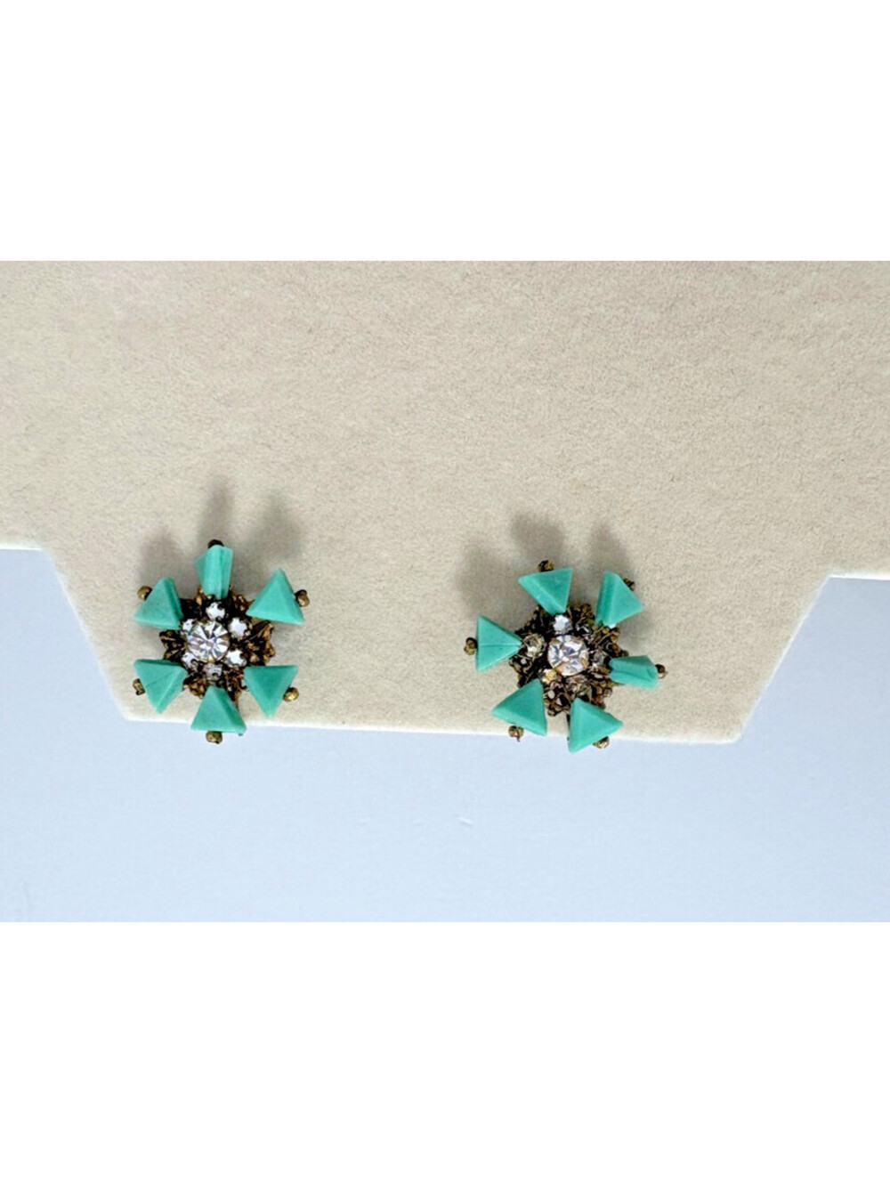 Vintage Signed Miriam Haskell Aqua Blue and Rhinestone Flower Clip Earring Gold